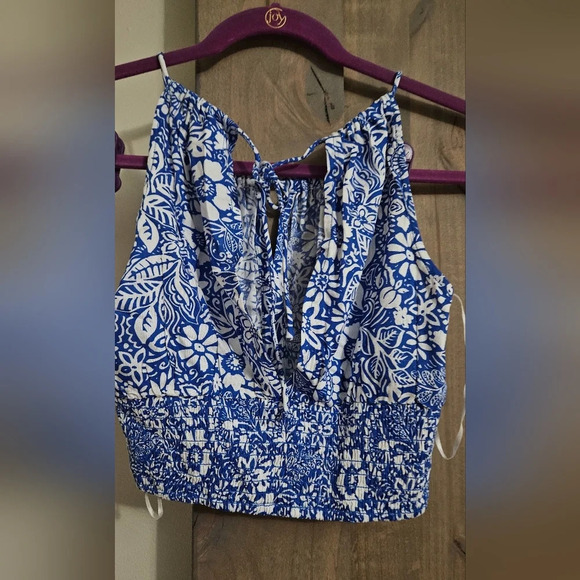 JAPNA blue and white floral cropped halter top. Size XS NWT - Picture 1 of 7